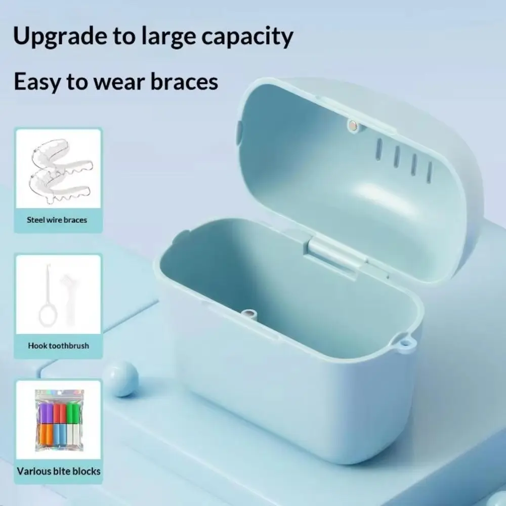 Drainage Design Denture Storage Box Reusable Portable Size Dental Braces Container with Hanging Handle Protective