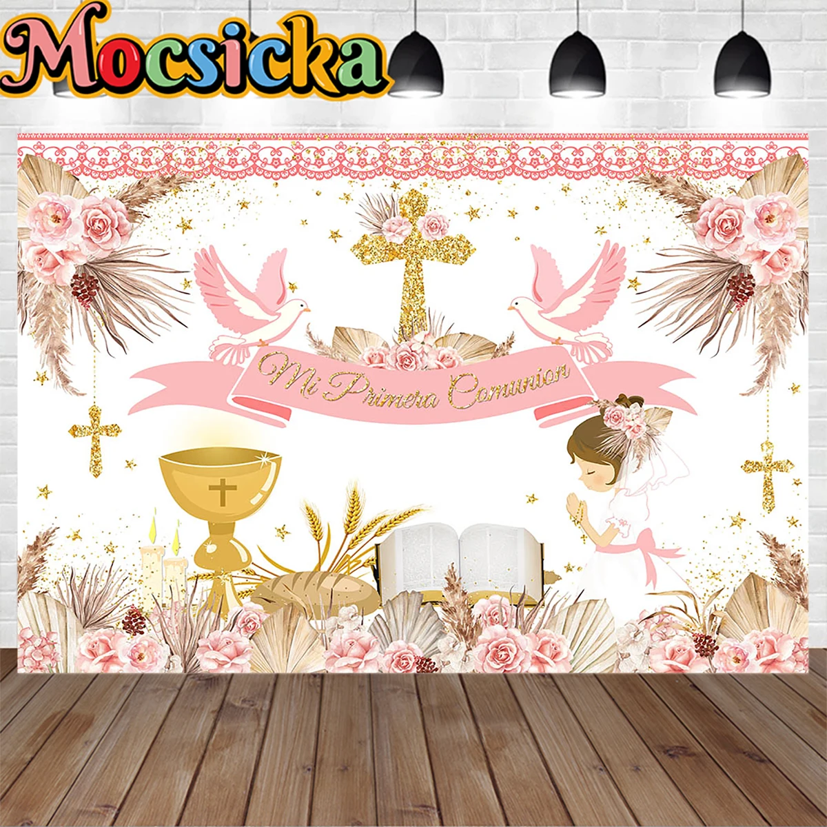 Boho Boy Girl Communion Decoration Birthday Party Background Banner Peace Dove Golden Cross Flower Backdrop Booth Newborn Photos