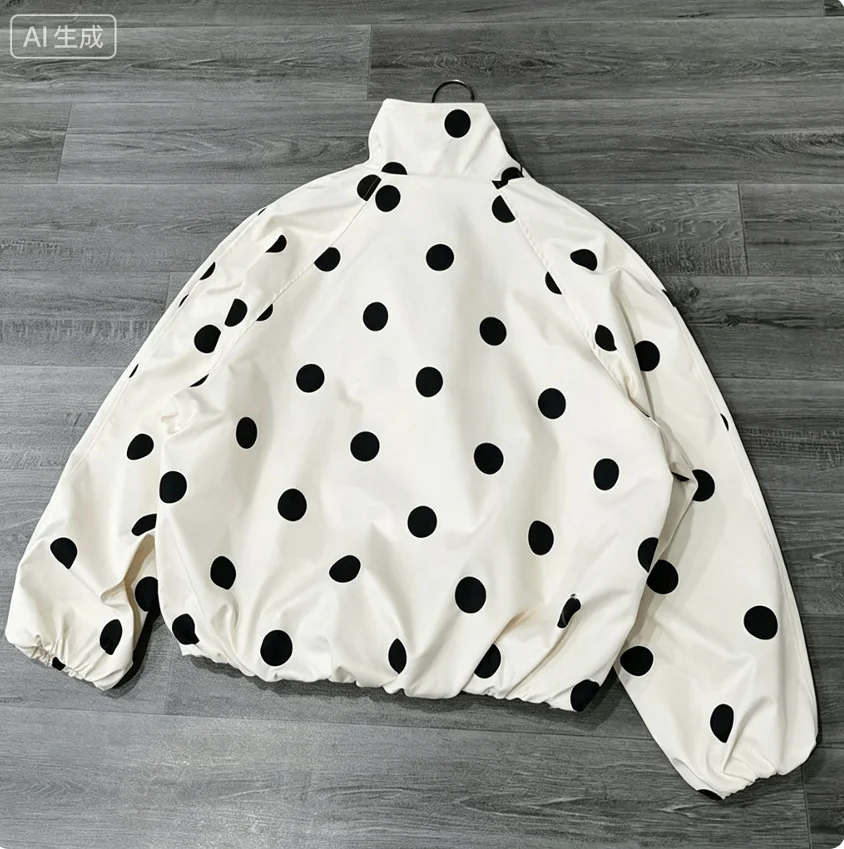 Women's Oversize Vintage Polka Dot Bomber Jacket with Pockets