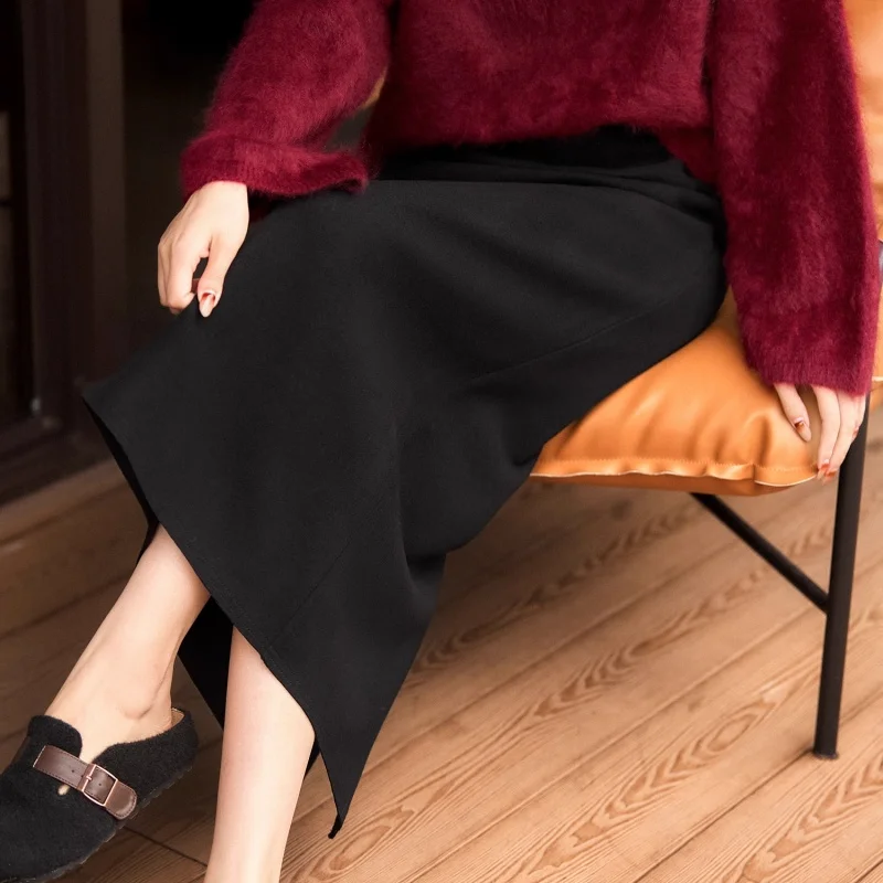 Birdtree, Kaschmir-Mischrock für Damen, elastische Taille, modische, lockere Röcke, hinten geschlitzt, Pendler-Stil, 2025 Herbstneu D5D602JF
