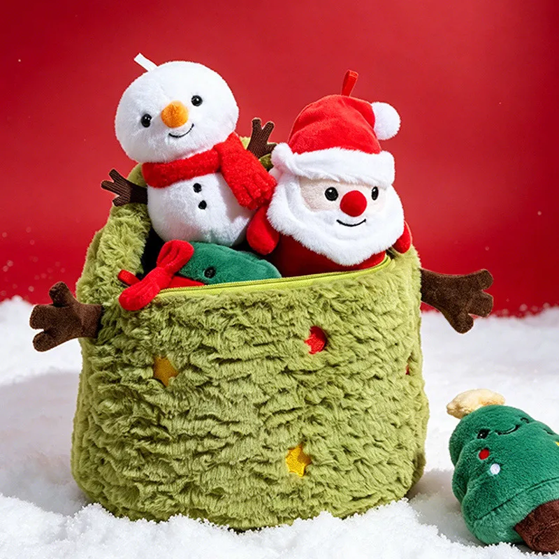 Christmas Tree Plush Storage Bag with Mini Xmas Plush Ornaments Santa Snowman Reindeer Stuffed Doll Cute Home Decor Kids Gift