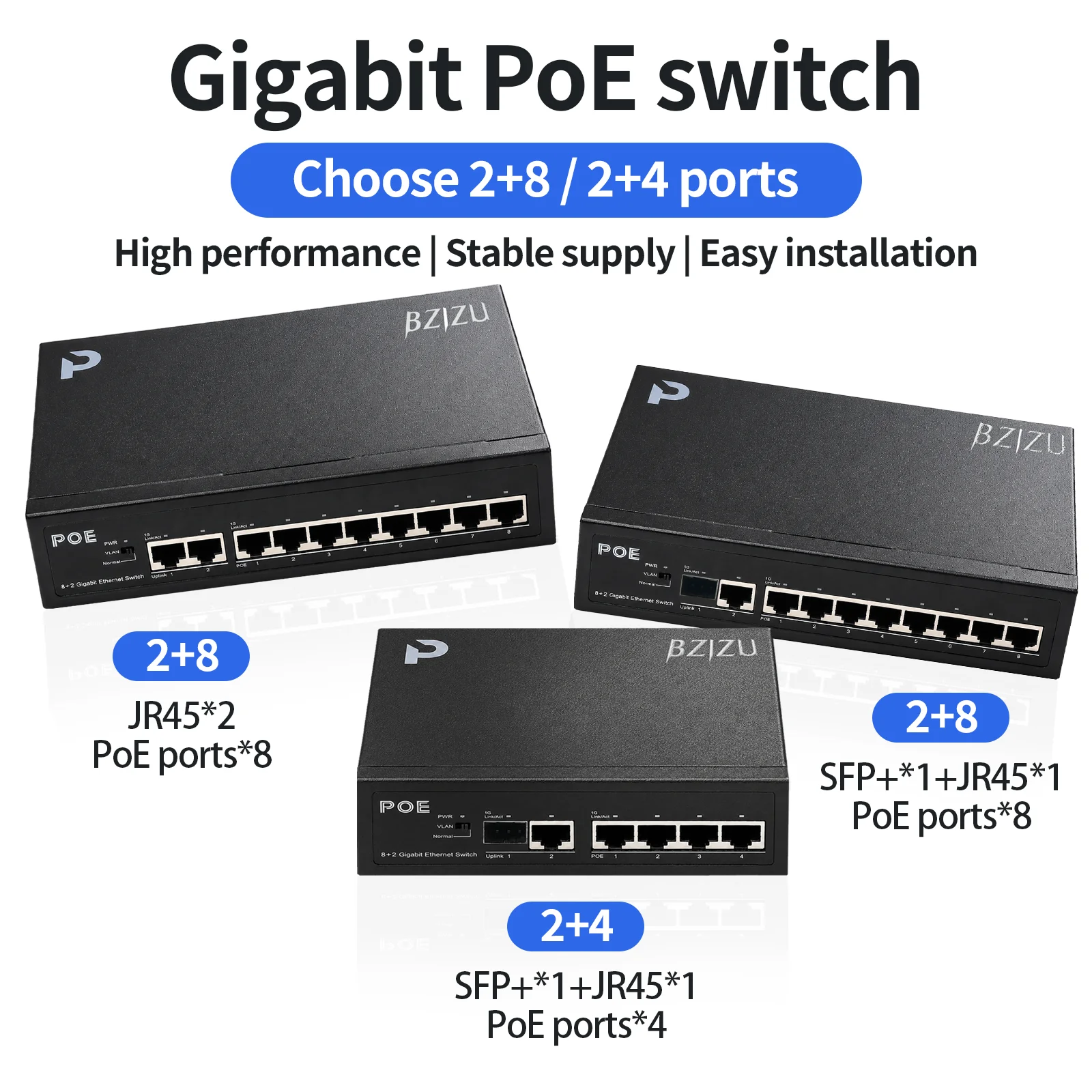 bzizu-8-ポート-ギガビット-poe-スイッチ、2-つのアップリンク-ポート、145w-ieee8023af-at-アンマネージド-イーサネット-スイッチ-vlan-プラグ-アンド-プレイ機能搭載