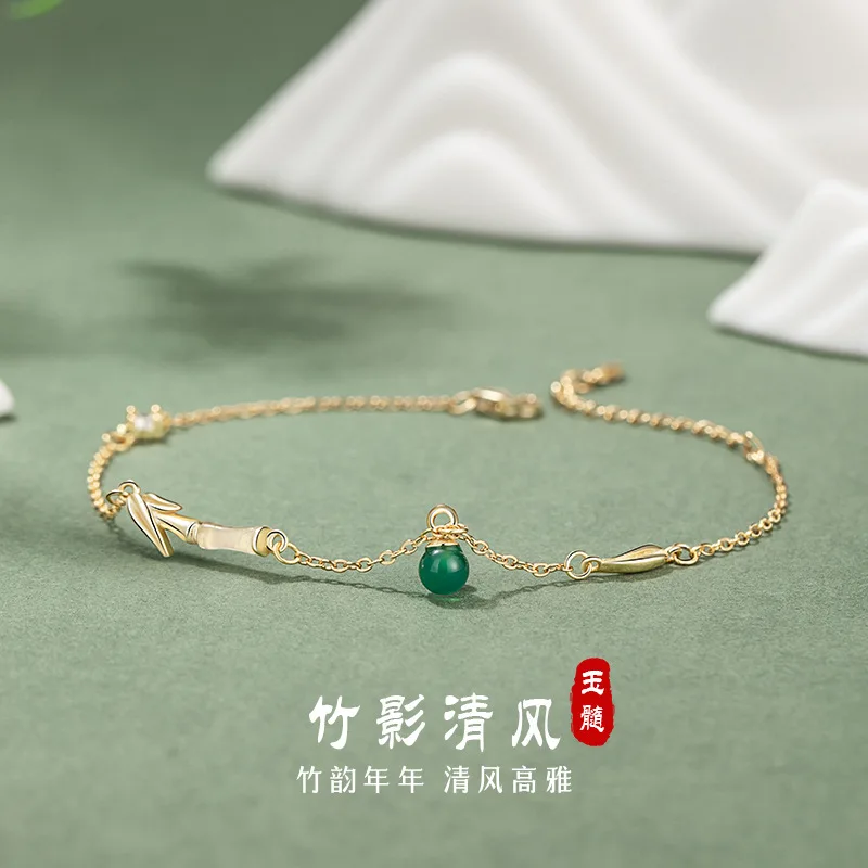 Knot Sterling Silver New Chinese China-Chic Bamboo Green Agate Bracelet Ins Luxury Fashion Rising Hand Jewelry