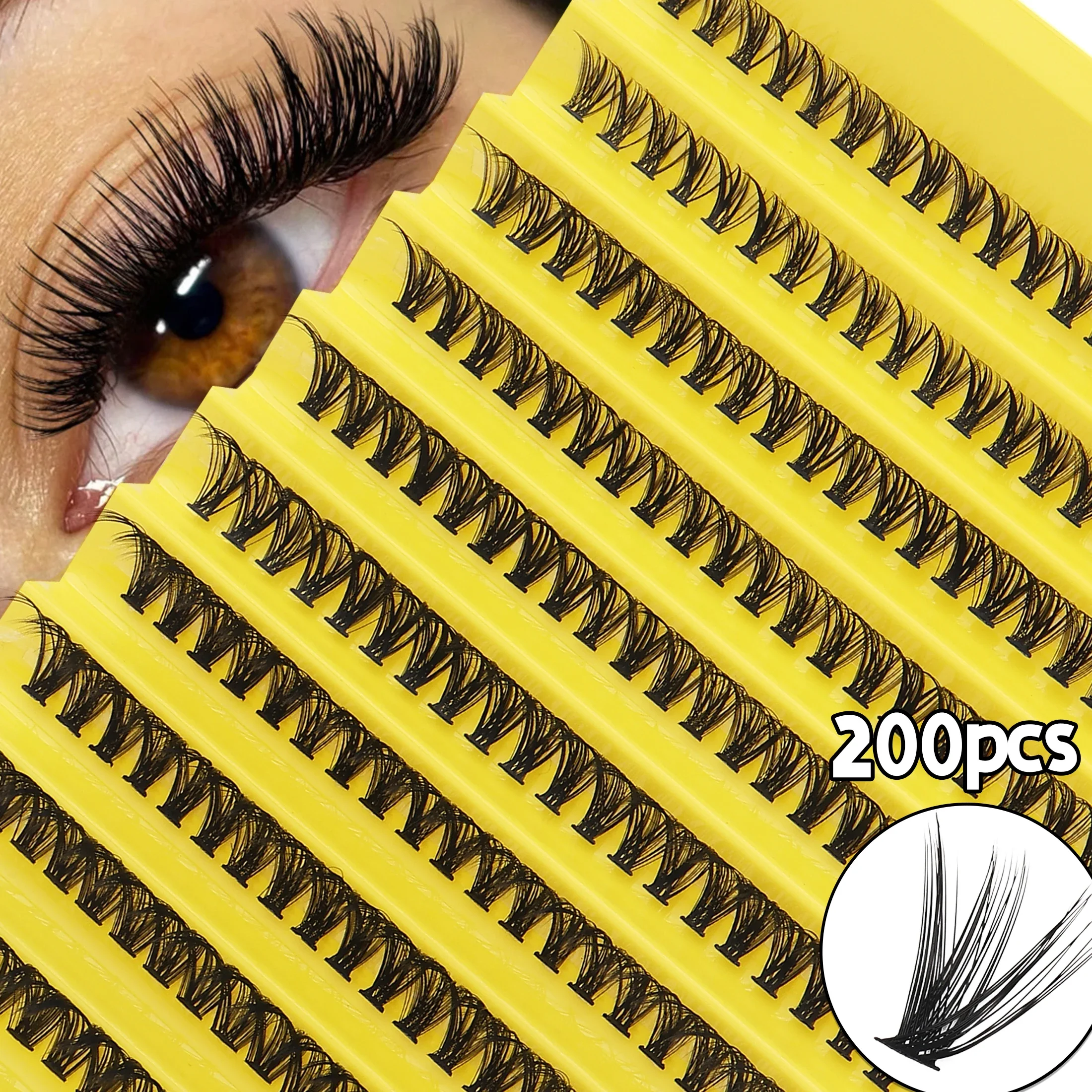 200Pcs D Curl Faux Mink Individual Lash Clusters Super Fluffy Thick Volume DIY Segment False Eyelashes for Eye Makeup