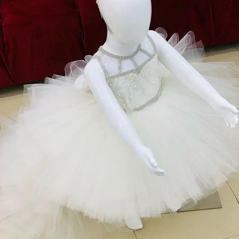 White Ivory Flower Girls Dresses with Long Train Puffy Tulle Kid First Birthday Party Dresses Girls Gift Photoshoot