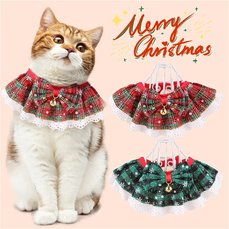 Christmas Pets Collar Scarf with Small Red Green Lattice Print Saliva Towel for Cats Small Dog Festival Costume Accessories