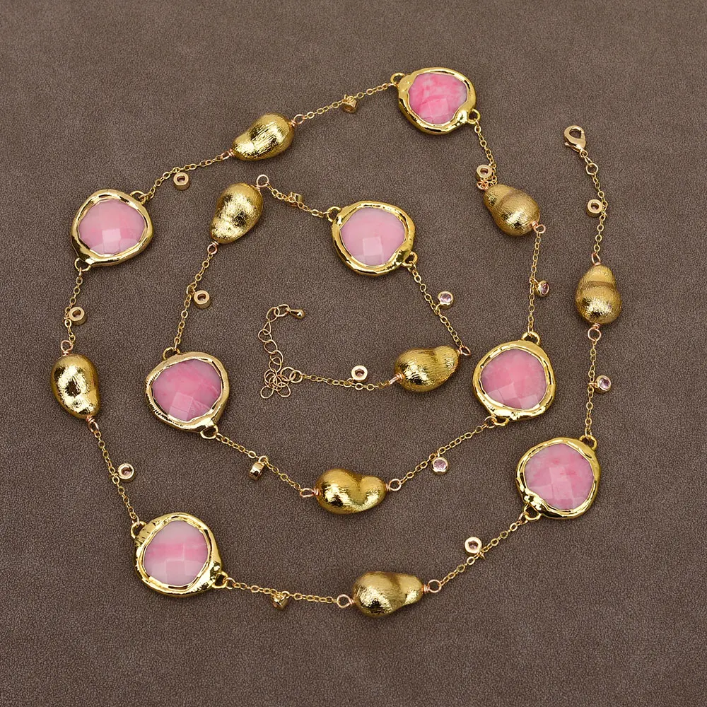 

GG 37'' Natural Pink Rhodochrosite Stone Gold Plated Brushed Beads Chain Long Necklace