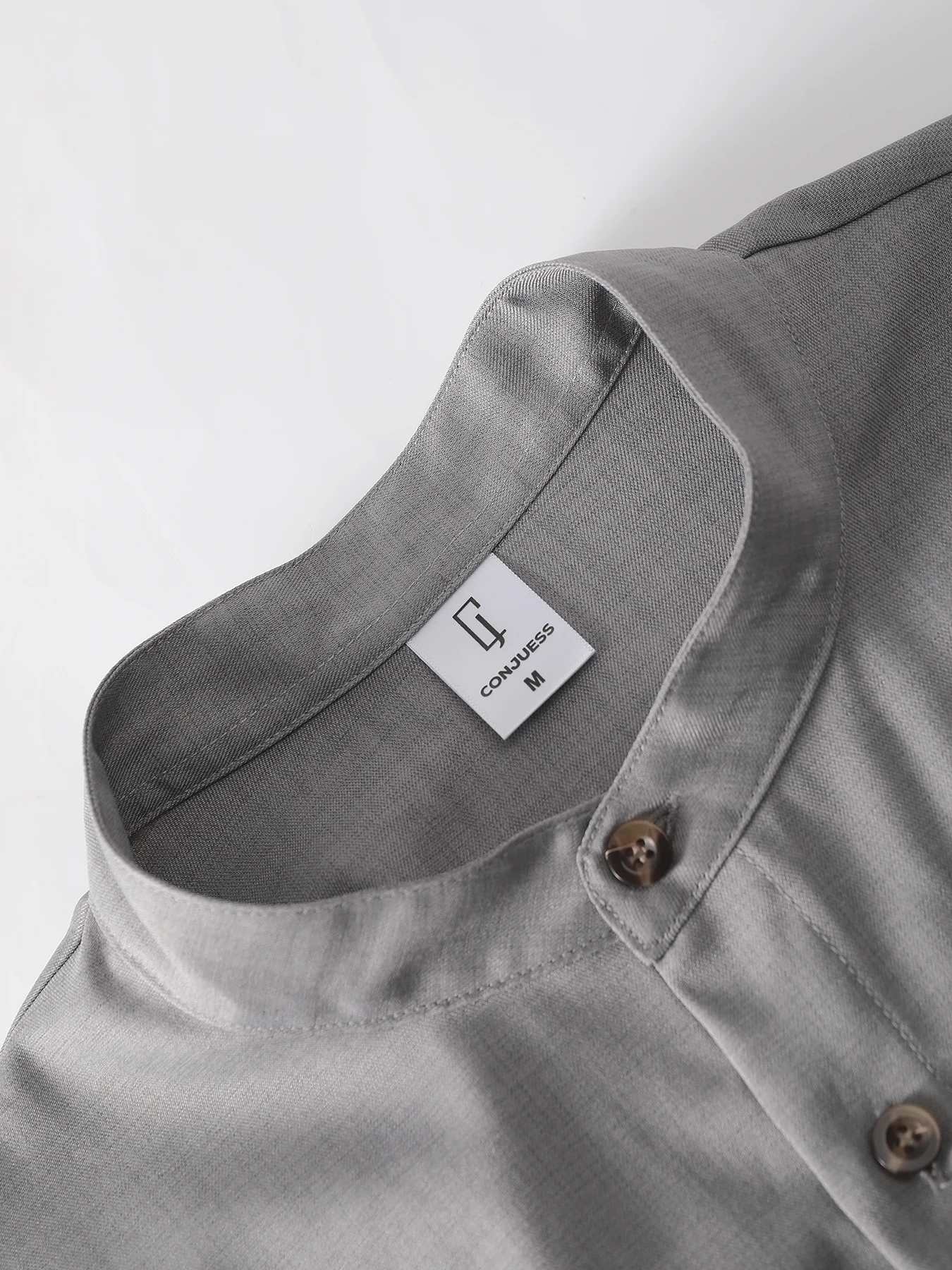 Men's 2 Piece Textured Outfits, Light Gray Stand Collar Shirt & Drawstring Pants Set view 6