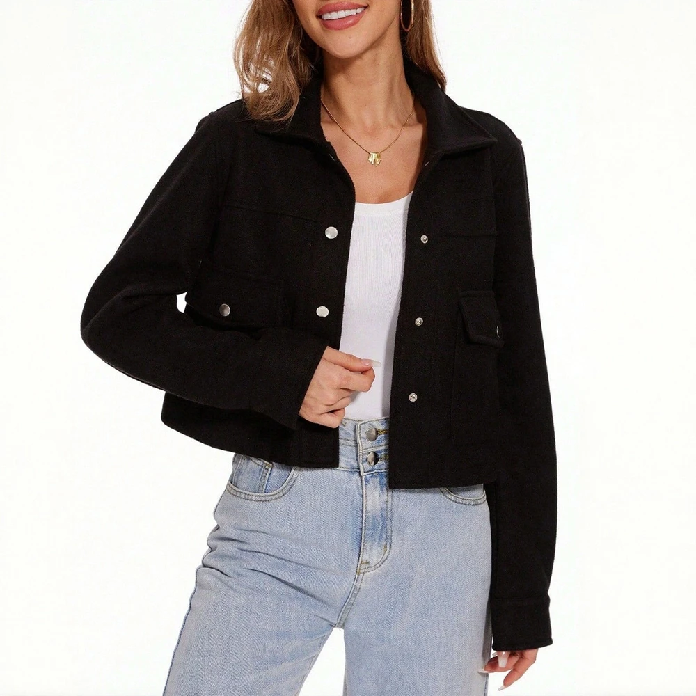 

Women's Jacket Autumn 2025 Casual Fashion Solid Color Lapel Long Sleeve Cropped Daily Outing Jacket