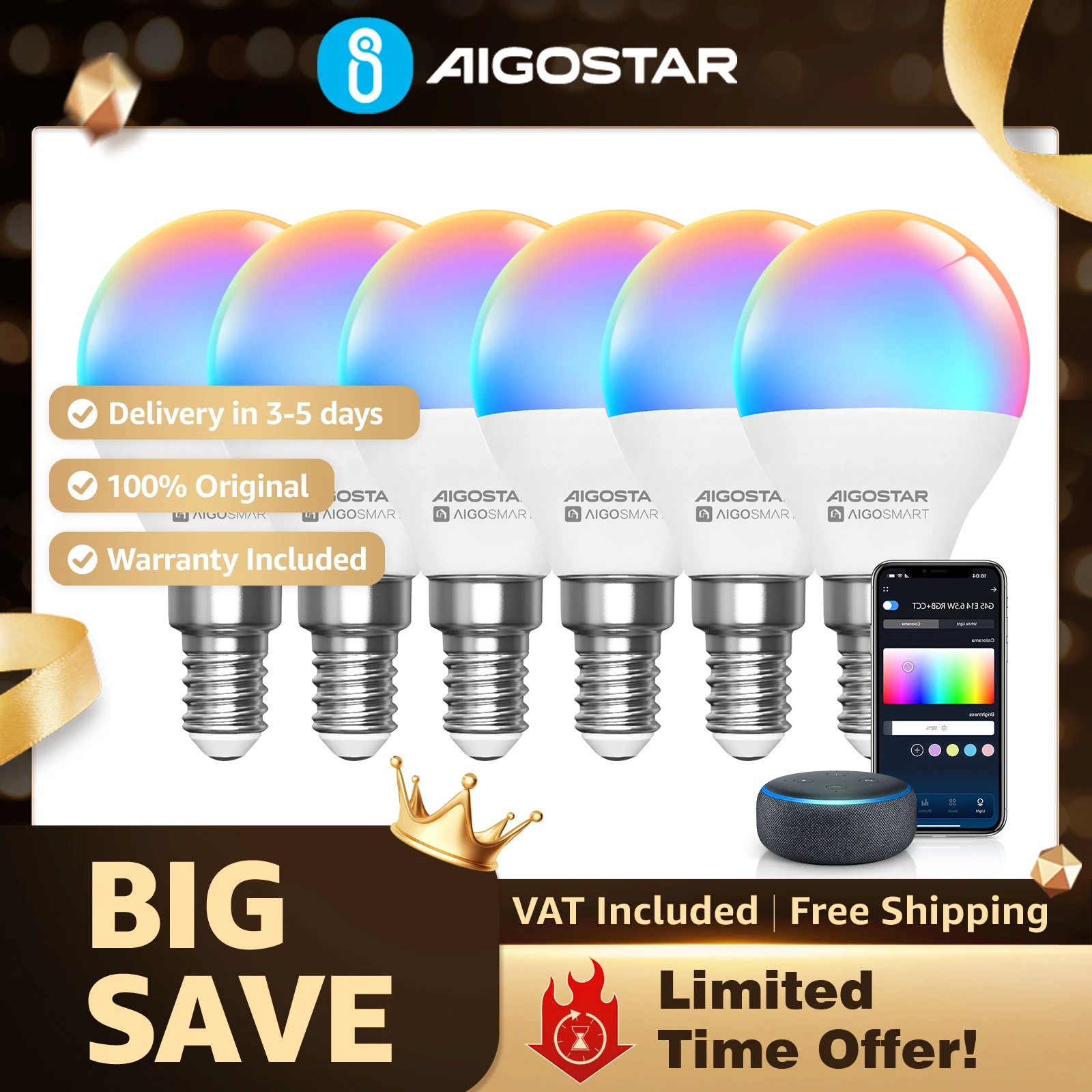 Aigostar Alexa Lampe, Alexa Glühbirne G45 E14 6.5W, Smart Glühbirne RGBCW Kompatibel mit Alexa/Google Home, 6 Stücke.