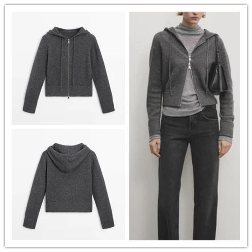 

2024 New Casual Sportswear Sle Wool Knitted Zipper Hooded Sweatirt Jaet Women's Faion Spring ort Length Long Sve