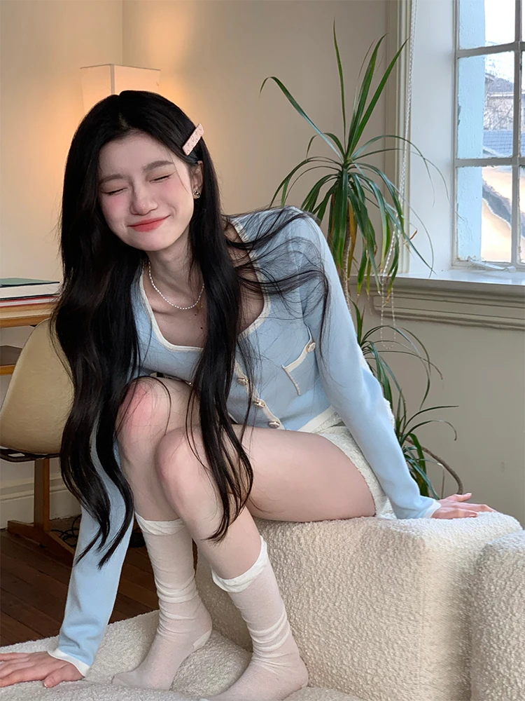 

Spring ort Knitted Sweater Women's Slim Fit Color Blo Blue White Soft Gentle Top Button Sle Long Sve Regular Length