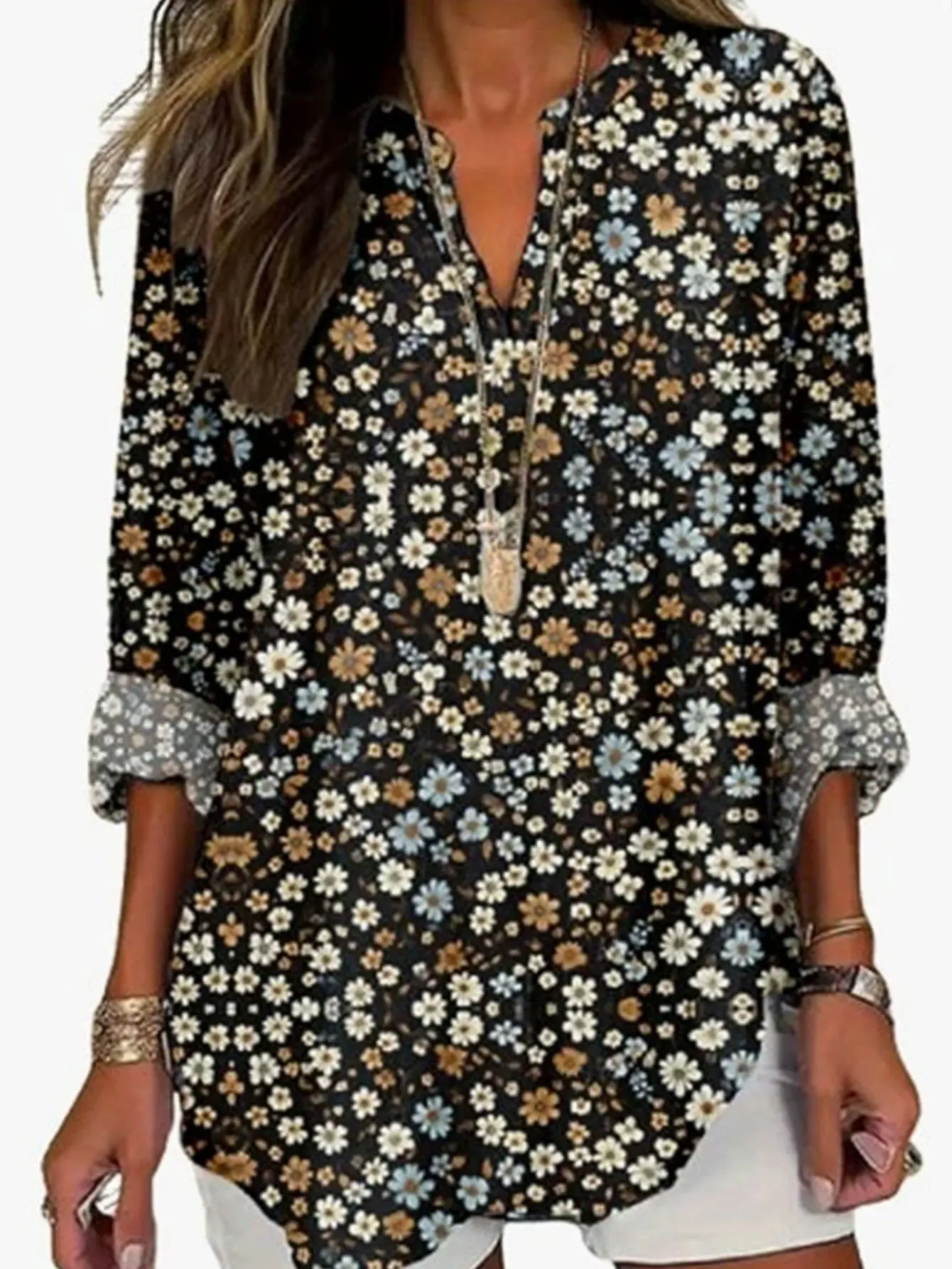 

UNIKTEE женская блузка с цветочным принтом и v-образным вырезом, длинным рукавом, элегантный повседневный облегающий топ на осень и зиму