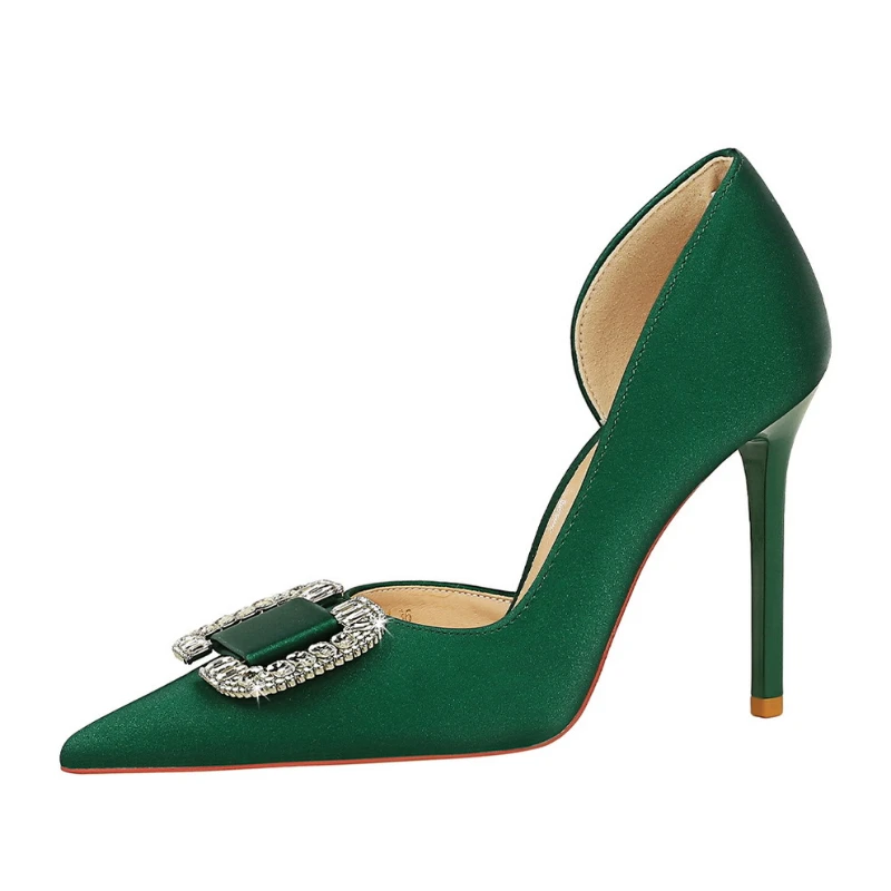 Side Empty Pointed Toe Shallow Mouth Women's Shoes Rhinestone Buckle Slim Heels High Heels Super High Heels Satin Single Shoes