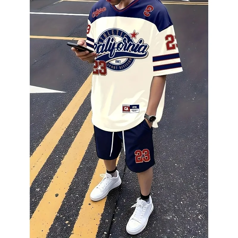 Hot Selling Men's Casual Fashion 3D Printed Outdoor Casual Sportswear Polyester Fiber Short Sleeved Shorts Set for Summer 2025