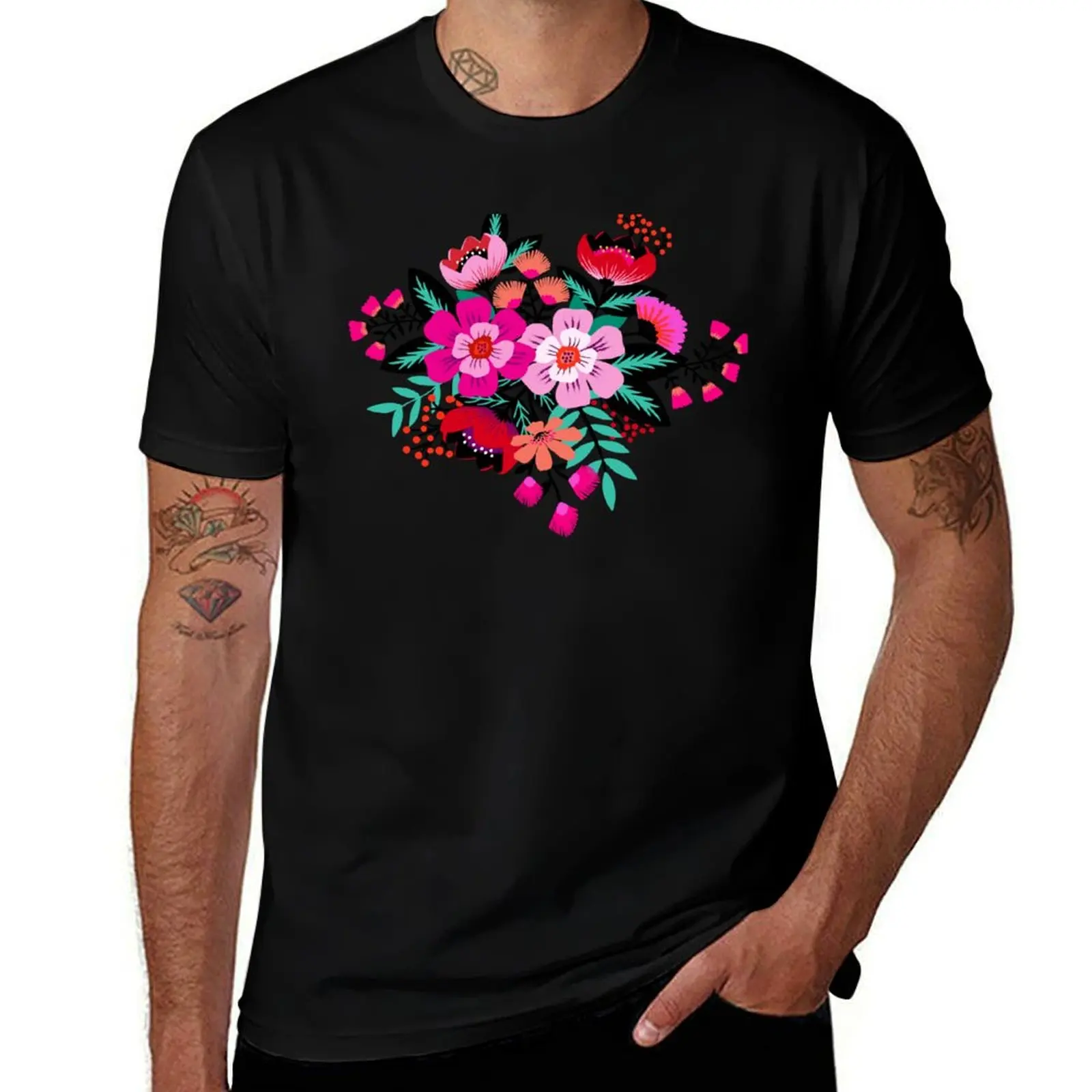 Colorful boho flower bouquet on navy blue T-Shirt Plus Size Lightweight Top T-Shirt