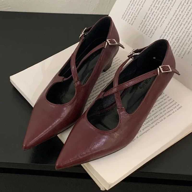 

Сексуальные дизайнерские туфли-лодочки на массивном каблуке с острым носком, женские элегантные дизайнерские туфли на низком каблуке с перекрестным ремешком и пряжкой, удобная офисная официальная обувь