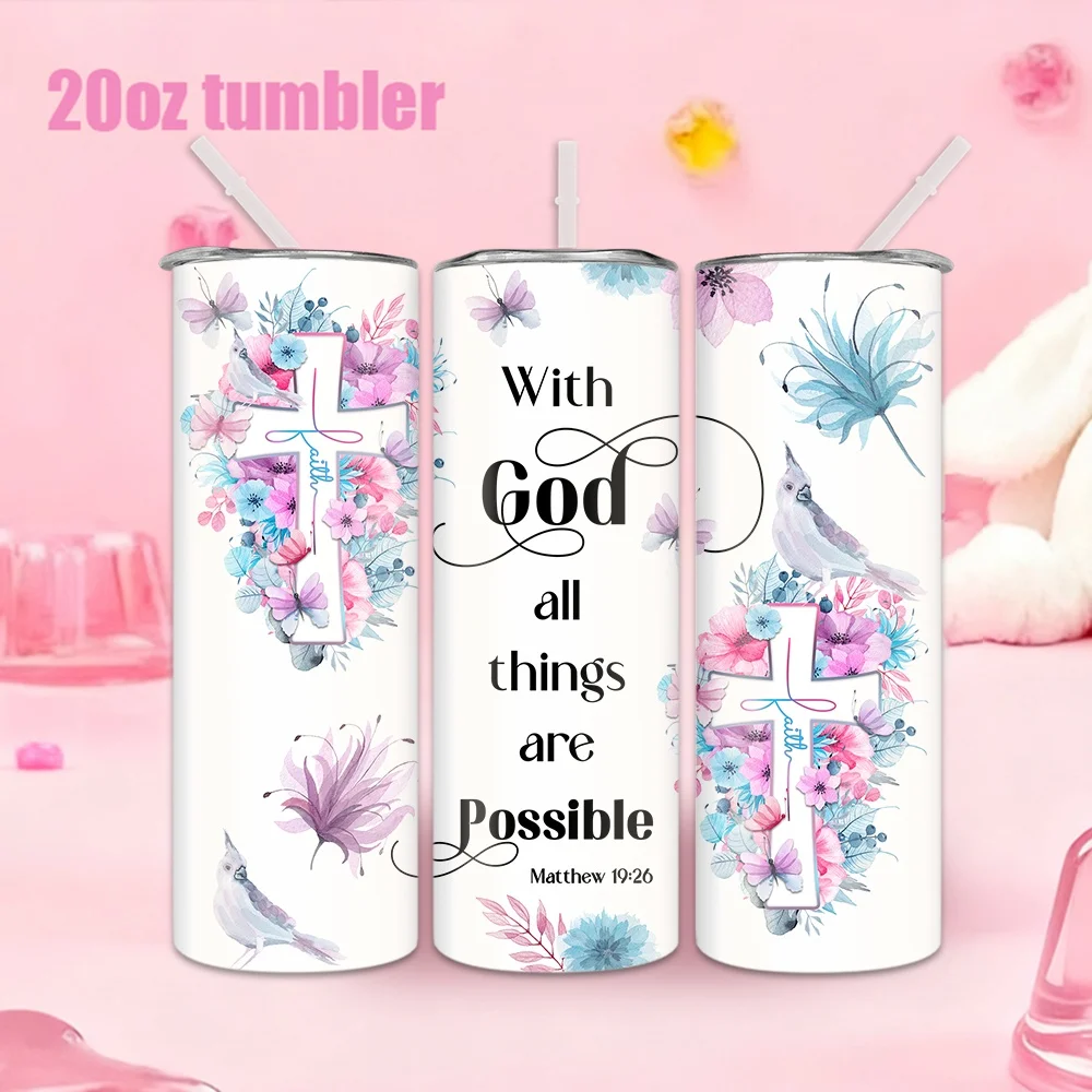 1pc 20oz straw water bottle, insulated stainless steel water cup with floral, bird, cross, and Bible quotations design.