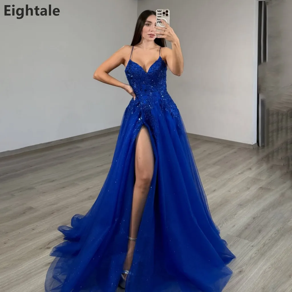 

Eightale 2025 Royal Blue Tulle Evening Dress Spaghetti Straps Sexy Slit A-Line Prom Gown Floor Length Customized Party Dress