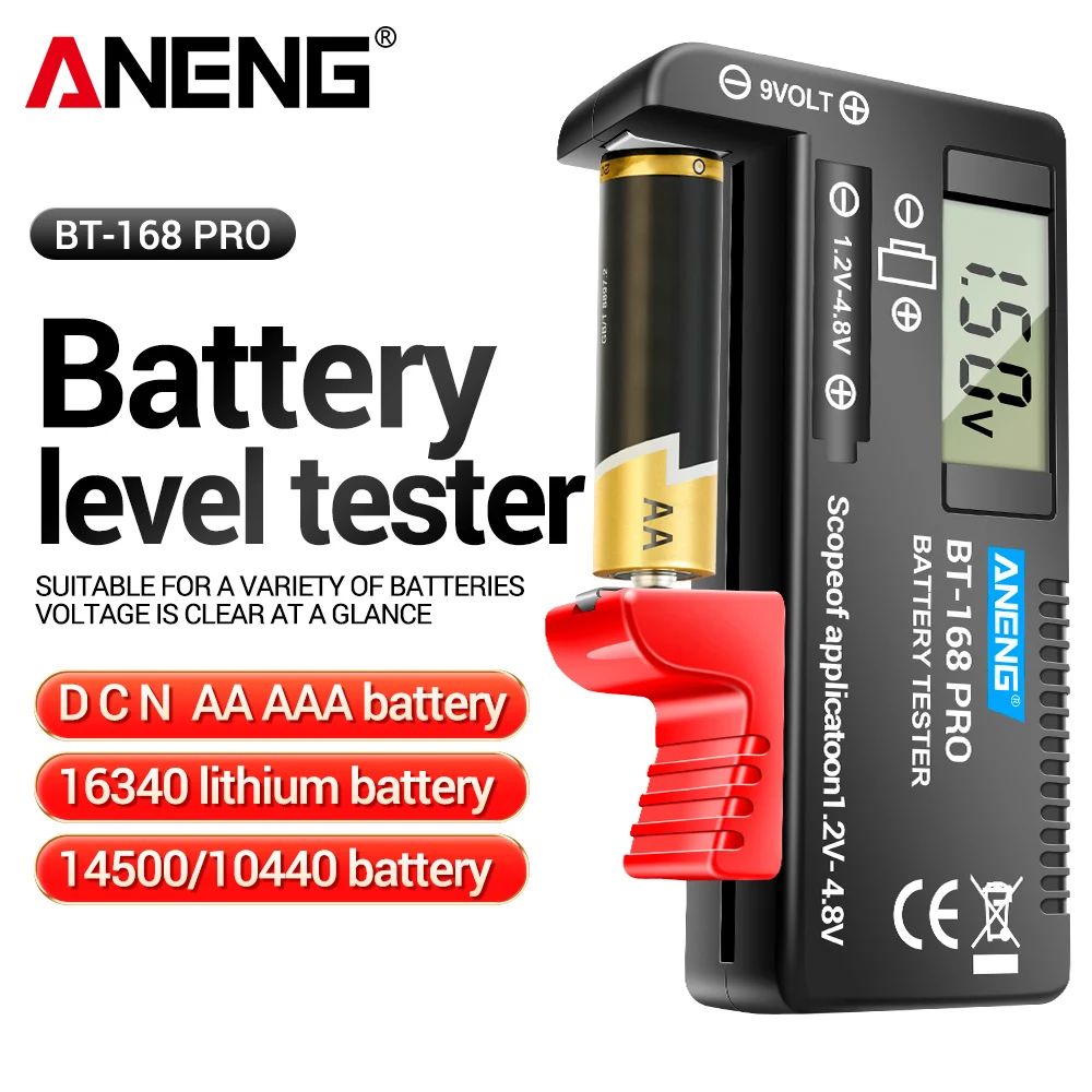 Universal Digital Battery Tester 9V/AAA/AA Button Cell Lithium Capacity Checkered Load Analyzer Battery Tester ANENG BT-168 PRO