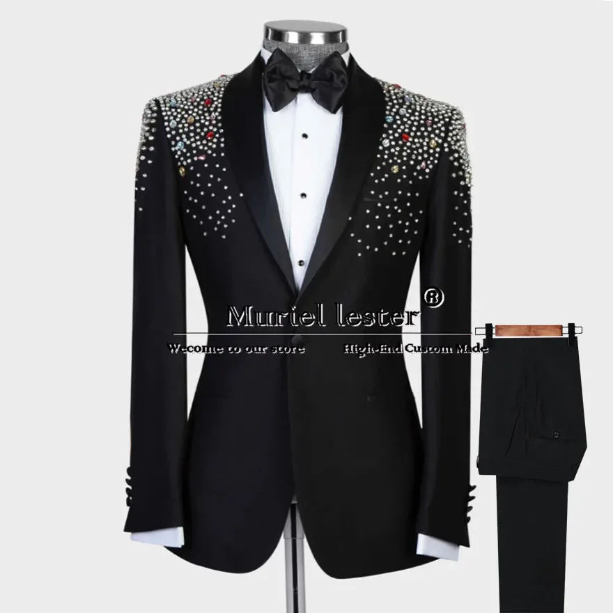 Latest Design Crystals Beaded Sutis Men Slim FIt Single Breasted Prom Blazer Custom Made Man Formal Party Groom Tuxedo Elegant