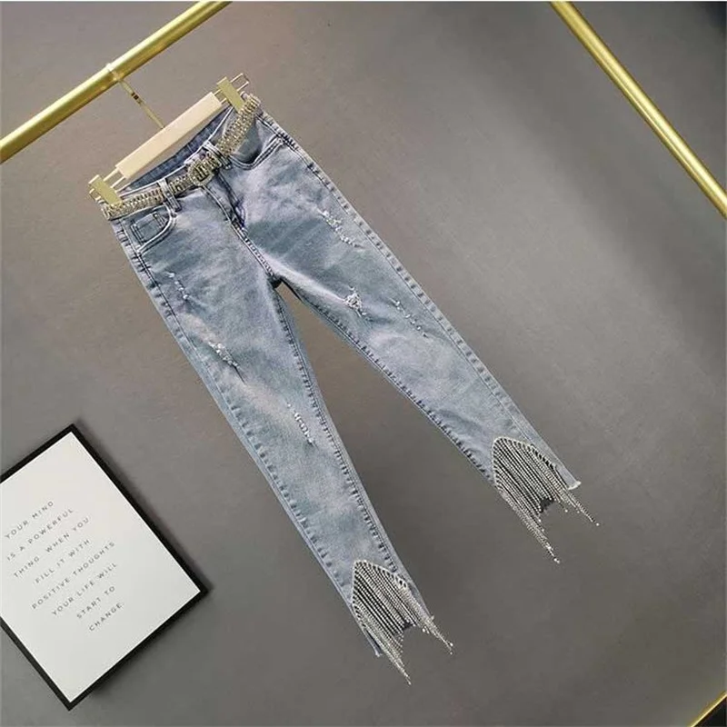 Imagem -02 - Jeans de Cintura Alta Feminina Versão Coreana Roupas de Verão Finas Franjadas de Diamantes Moda Feminina Calças de Nove Pontos Novo 2024