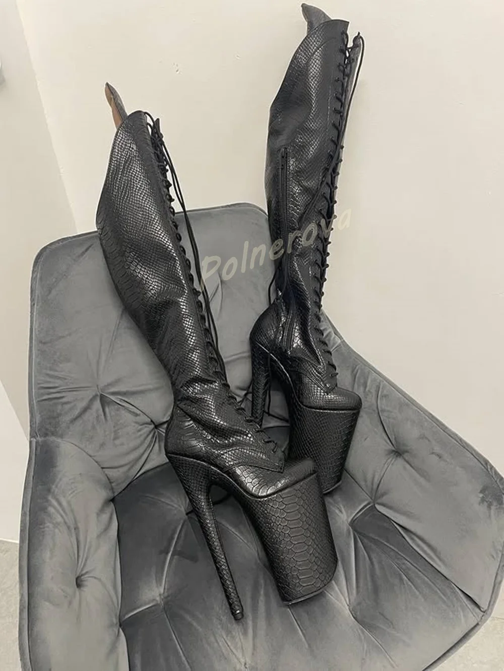 Snake Print Over The Knee Boots Platform Extreme Stiletto High Heel Lace Up Zipper Shoes Pole Dance Club Party Thigh High Boots