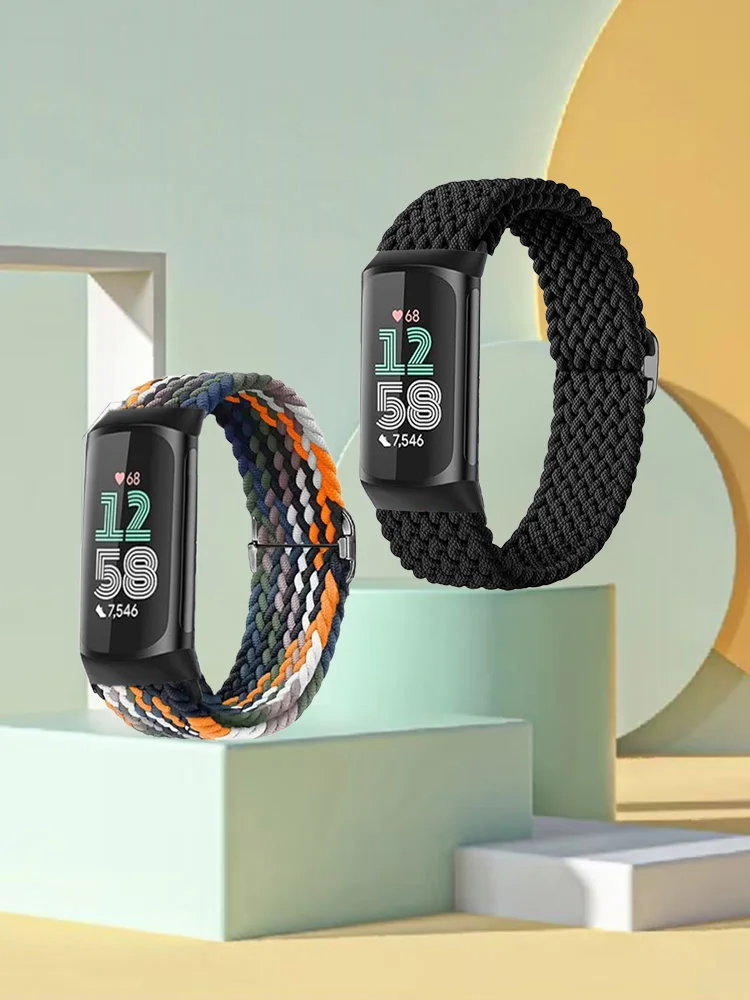 2 Stuks Sport Nylon Gevlochten Band Armbanden Rekbaar Voor Fitbit Charge 5/6 Elastische Band Lus Voor Fitbit Versa 3/4 Smart horloge