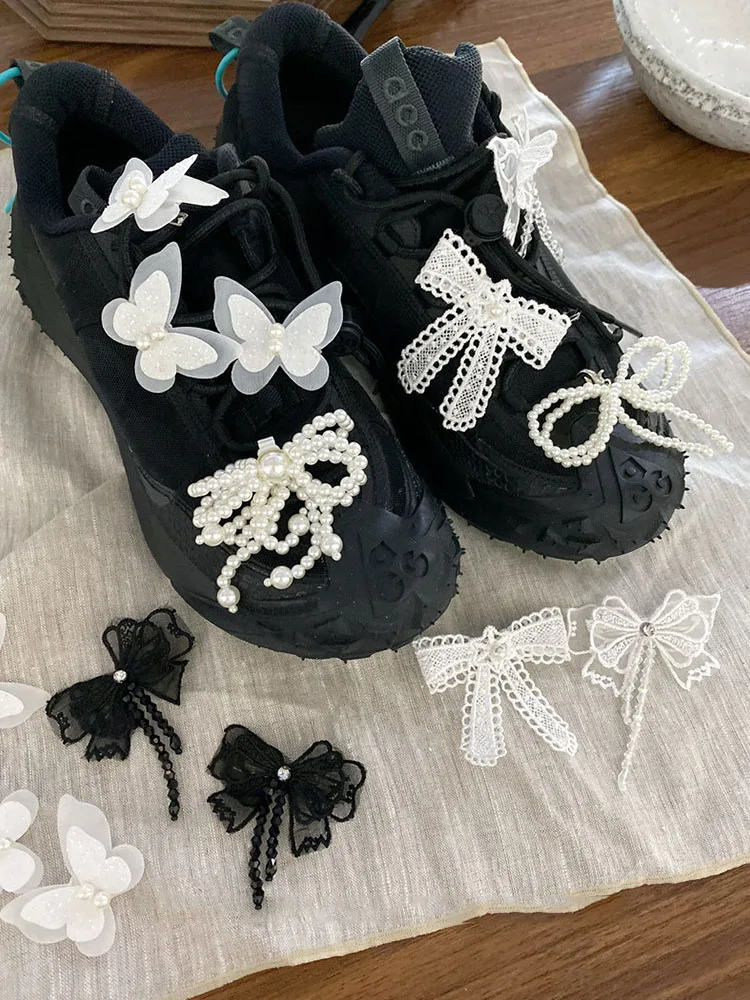 Korean Sweet Beaded Bow Shoelace Decoration Pearl Lace Bowknot Shoelace Buckle For Girls Casual Shoes Charms Decor image 3