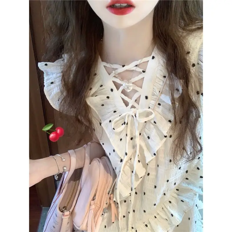 Women's Dress 2024 Summer New V-neck Lace-up Polka Dots Cute Y2k Dress Students Sweet Loose Niche Mini Dress Female