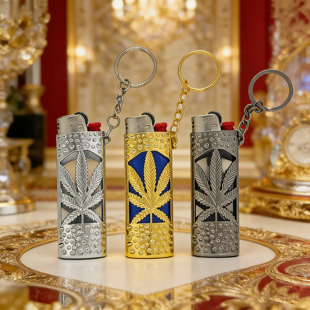 Vintage Hammered Metal Case for BIC J6 Lighter, Leaf Carved Cover with Keychain, Durable Gift Box Gold Silver - view 4