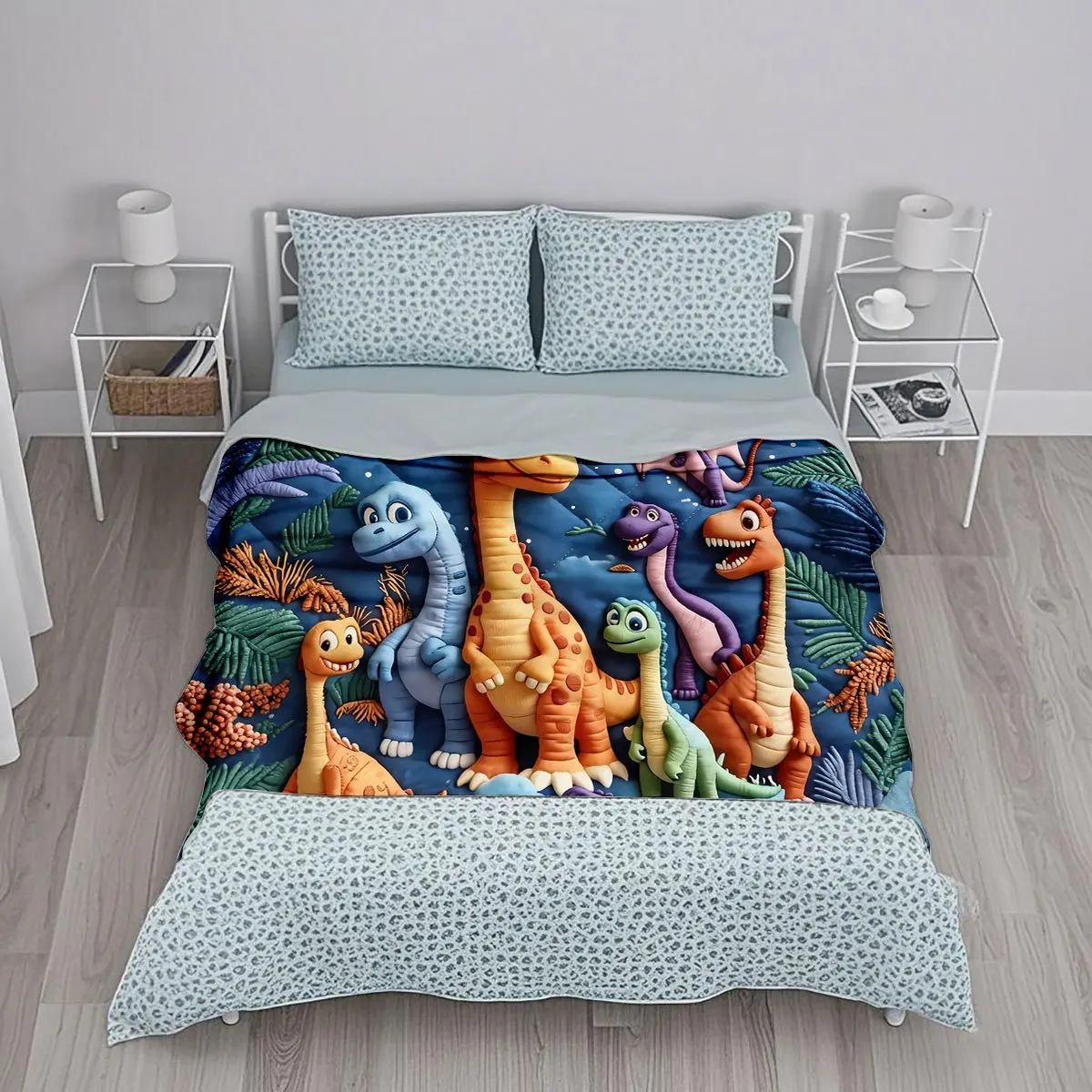 Deep Blue Base with Simulated Clay-style Cartoon Dinosaur and Plant Themed Flat Digital Print, Ultra-soft Flannel Throw Blanket,