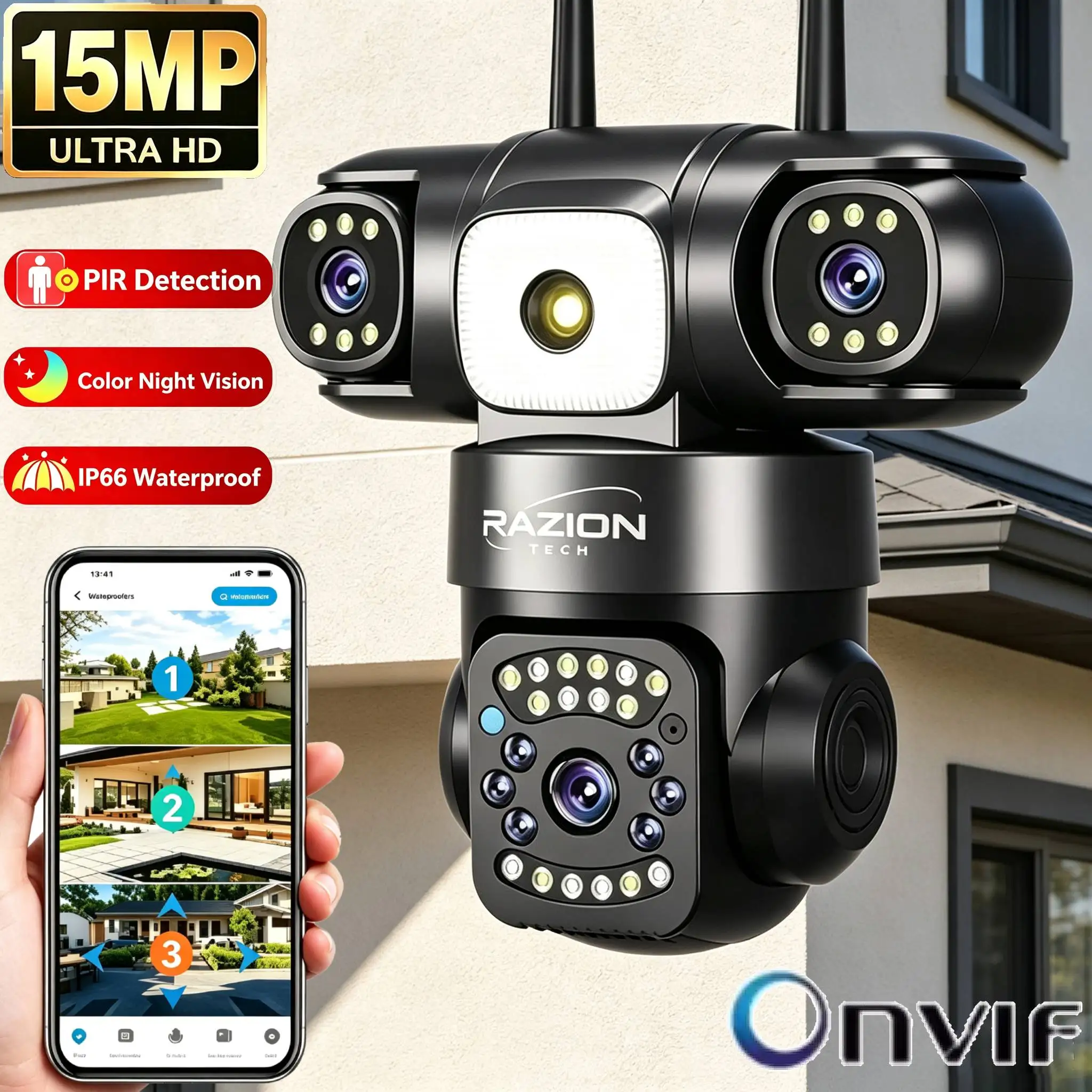 Cámara de seguridad para exteriores con tres lentes, resolución 15MP, 8K HD, conexión Wi-Fi, 5G y 2,4G, cámara IP PTZ, visión nocturna a