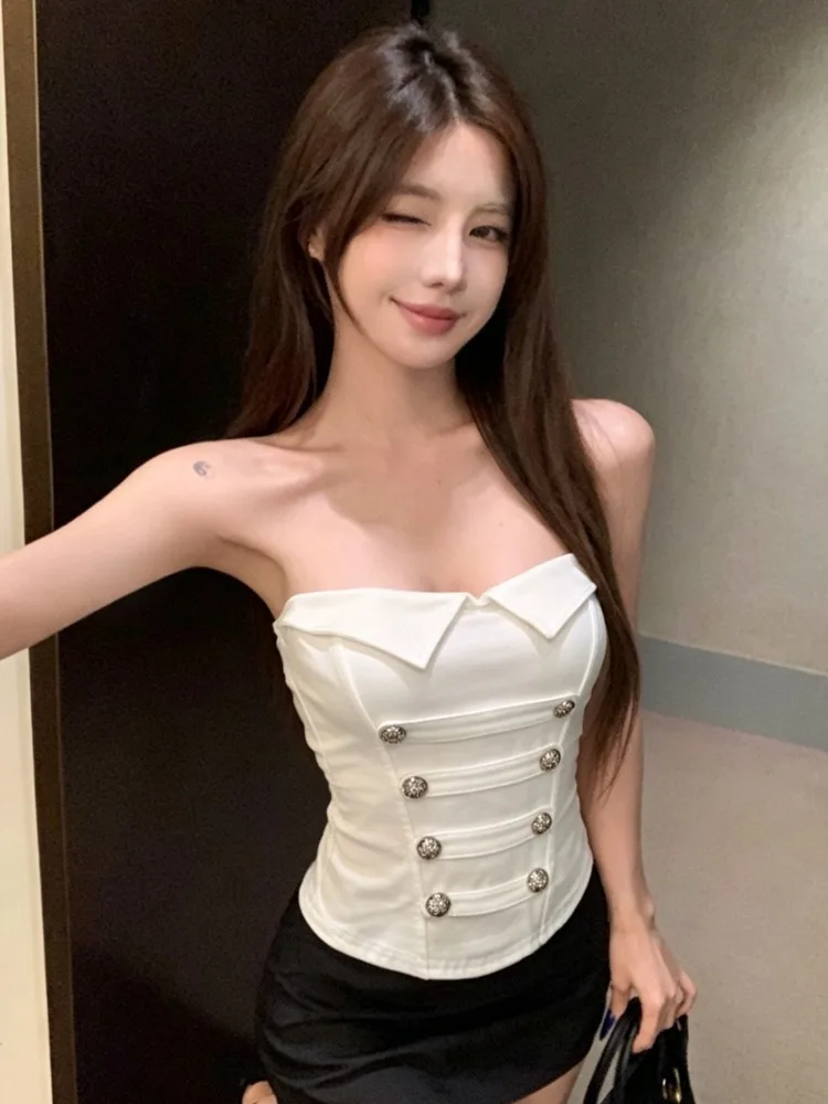 Sexy Spicy Girl Backless Flip Collar Tube Top Summer New Style with Chest Pad Outerwear Waist Shaping Short Length Top