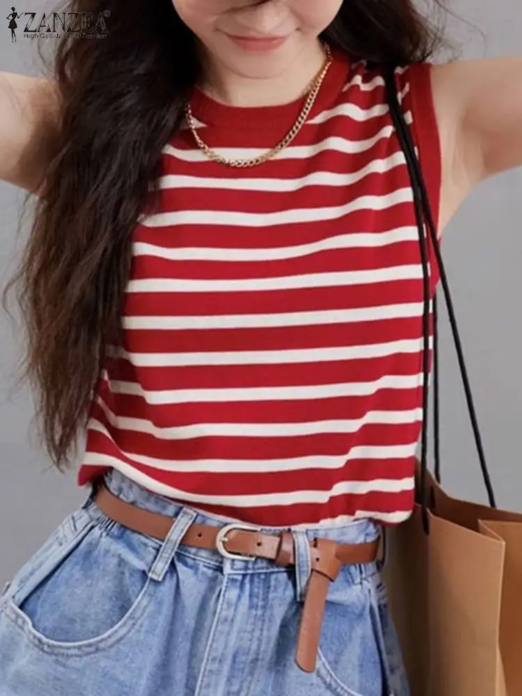 Fashion Women Sleeveless Blouse ZANZEA Summer Stripe Tops Tunic Femme Casual Knitting Blusas Streetwear Elegant OL Work Shirt