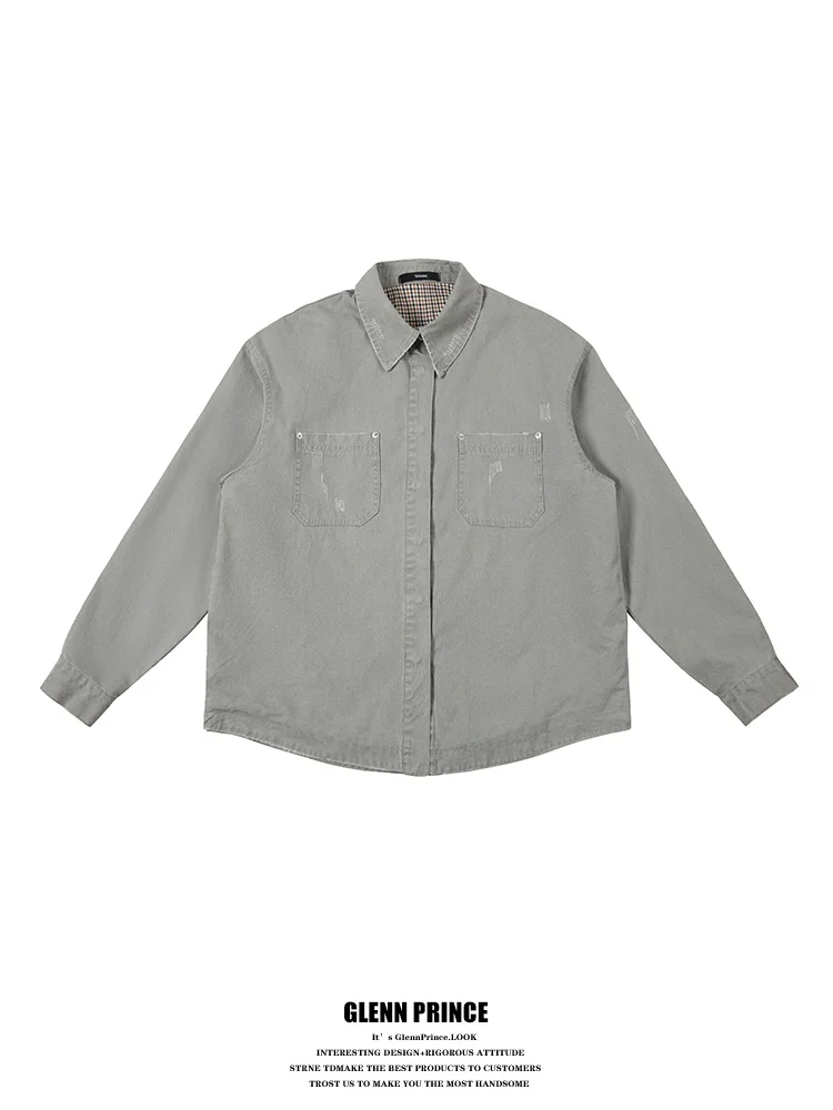 

Retro American Worn-look Long Sve Workwear Sle Men's irt Spring Autumn Casual Versatile Outerwear Cotton Loose Fit