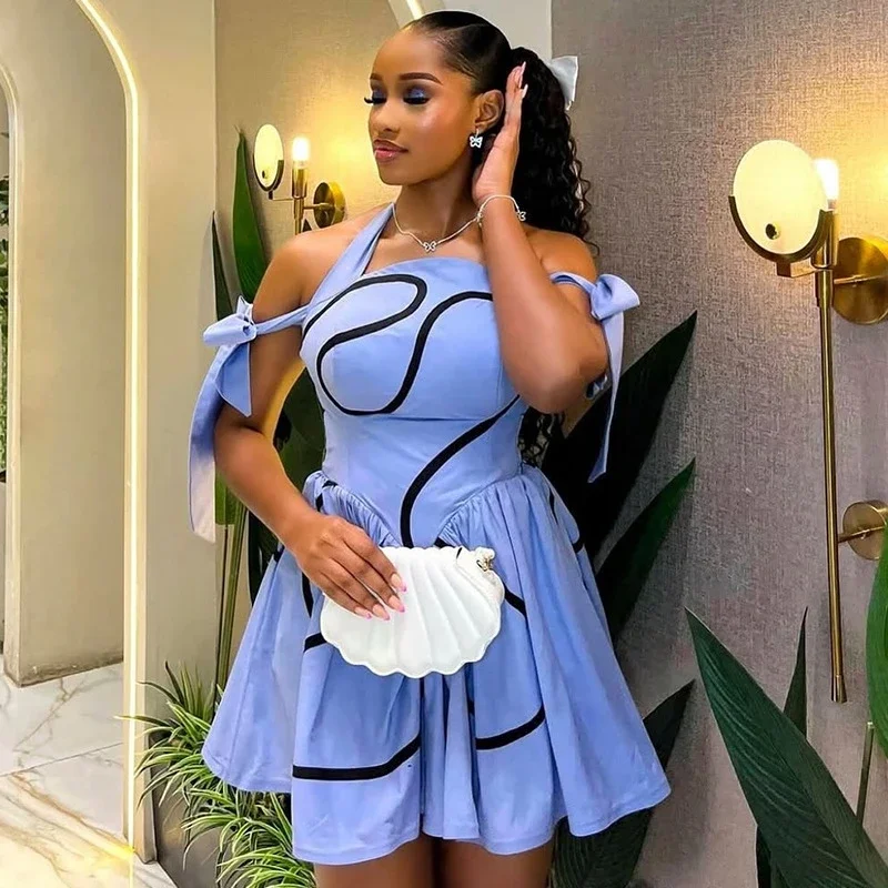 

2025 Summer Women Bowknot Shoulder Halter Neck Geometric Striped Big Swing Dress Streetwear Night Club Party Dresses Vestidos