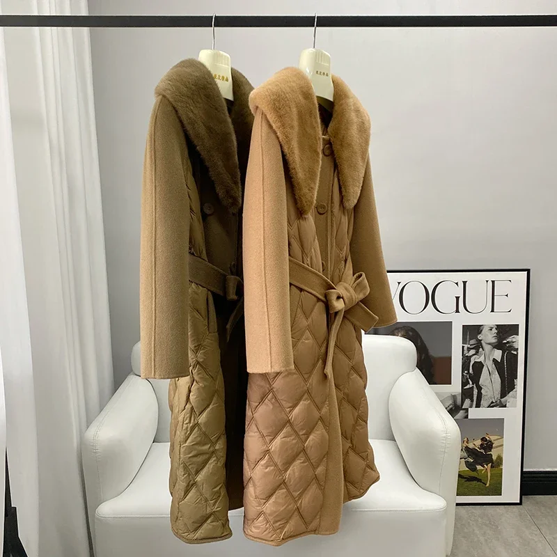 2024 Women Luxury Winter Wool Fur Coat Jacket Femal Mink Fur Collar Coats Lady Long Over Size Down Lining  Parka Trench CT2153