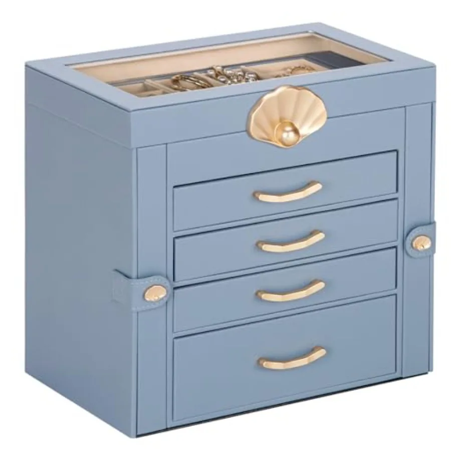 

Jewelry Box with 4 Drawers: Display Organizer for Earrings Necklaces - Christmas Gifts for Girls Women Grey Blue