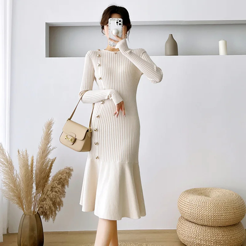 

Women Single-breasted Knitted Dress Korean Elegant Slim Mermaid Ruffles Dress Office Lady Casual Base Sweater Dress For Winter