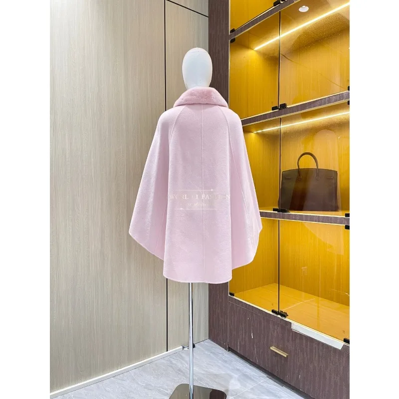 نمط معطف سترة قمم الكشمير الصوف الحرير 2025 أعلى جودة الوردي كم طويل التلبيب مزدوجة الوجهين الكشمير الرأس