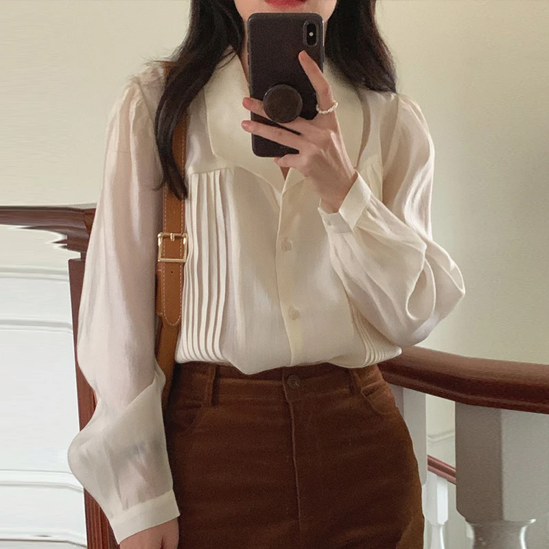 

Ele Chic Women's Bubble Sve irt Single Button Notch Collar Loose Fit Translucent Design Spring Faion Trend
