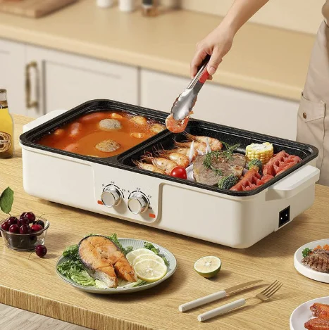 Household Grill & Hot Pot Combo, Non-Stick Multi-Function Electric BBQ Griddle