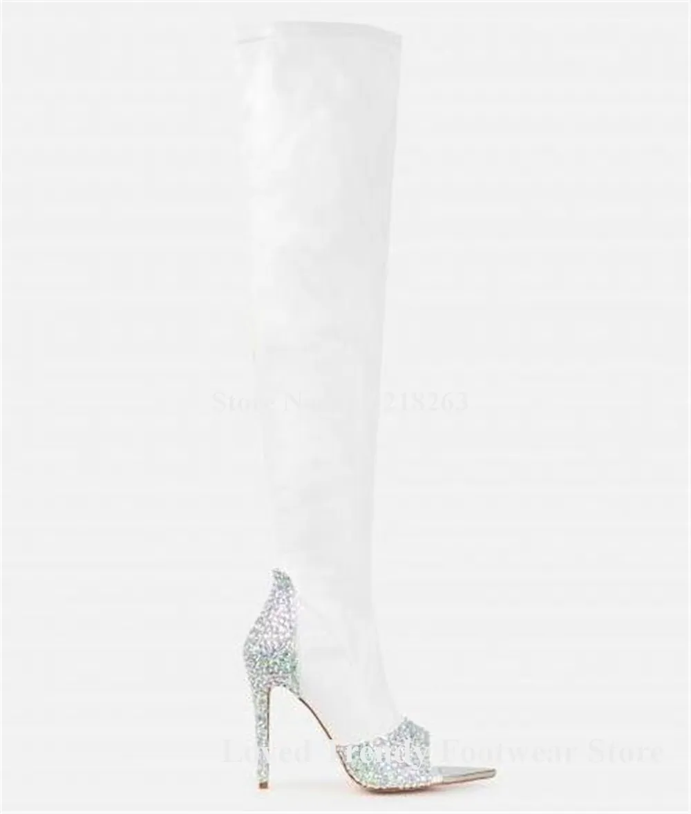 Rhinestones Patchwork Slim Thin Heel Over-the-Knee Boots Pointed Open Toe Crystals White Black Stiletto Heel Long Boots Big Size