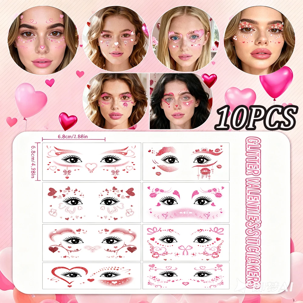 

10pcs/Set Cute Pink Temporary Facial Tattoo Stickers For Women Valentine'S Day Decorations Pink Heart Bow Face Eye Makeup Decals