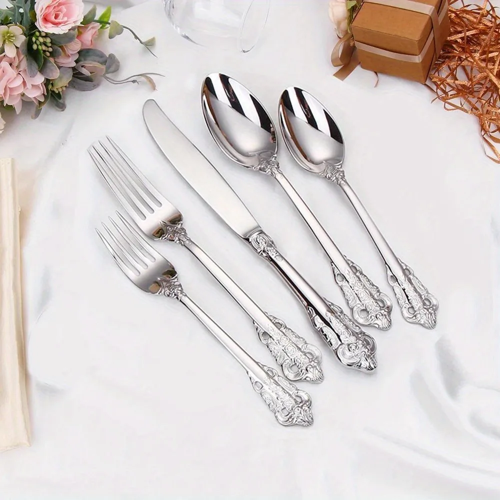 High Quality Vintage 304 Stainless Steel Spoon Fork Flatware Silverware Royal Hotel Wedding Gold Luxury Baroque Cutlery Set