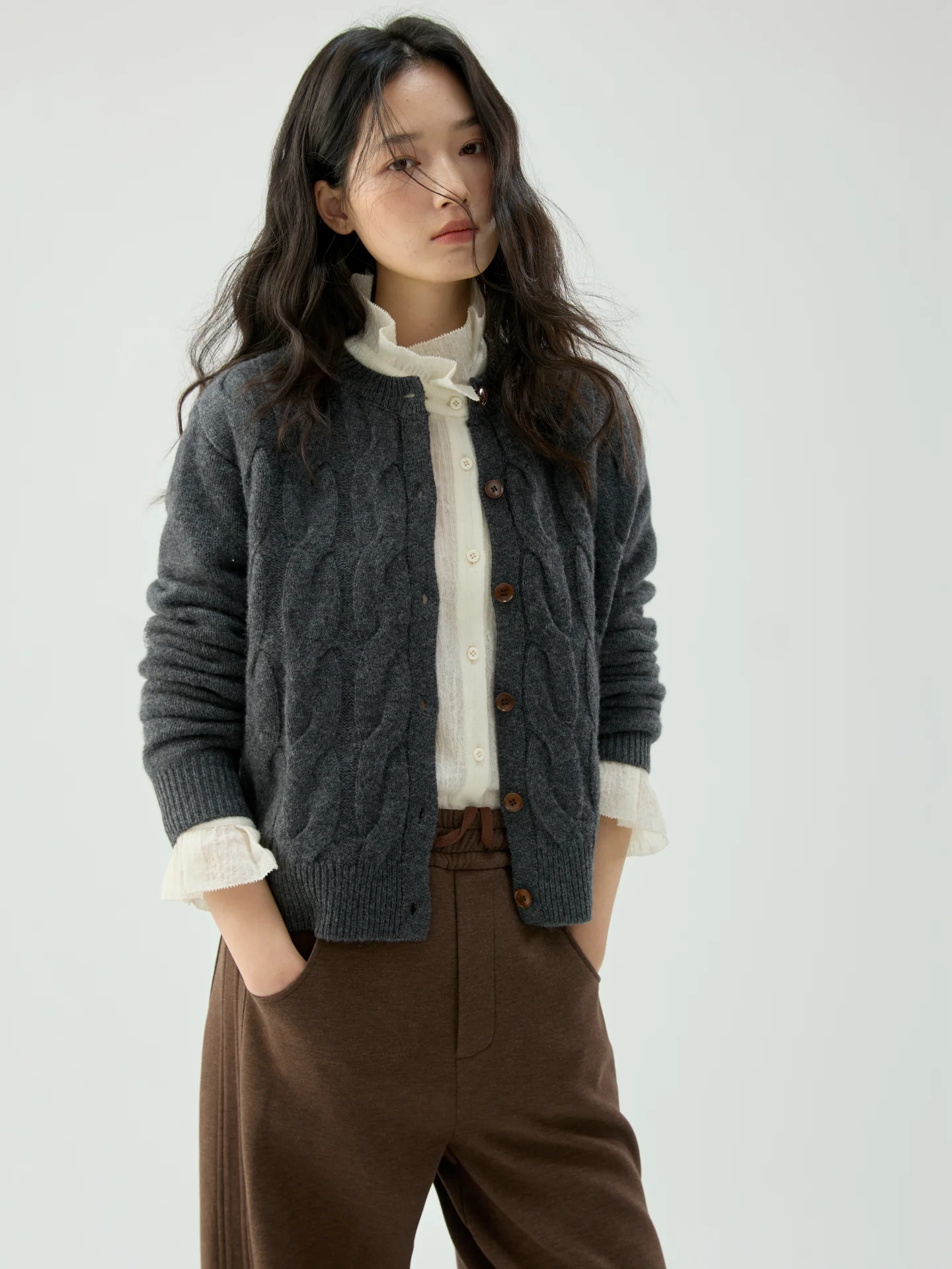 

Классический вязаный кардиган YAO с круглым вырезом из смесовой шерсти, мягкий и удобный, с длинными рукавами, для женщин, повседневный стиль