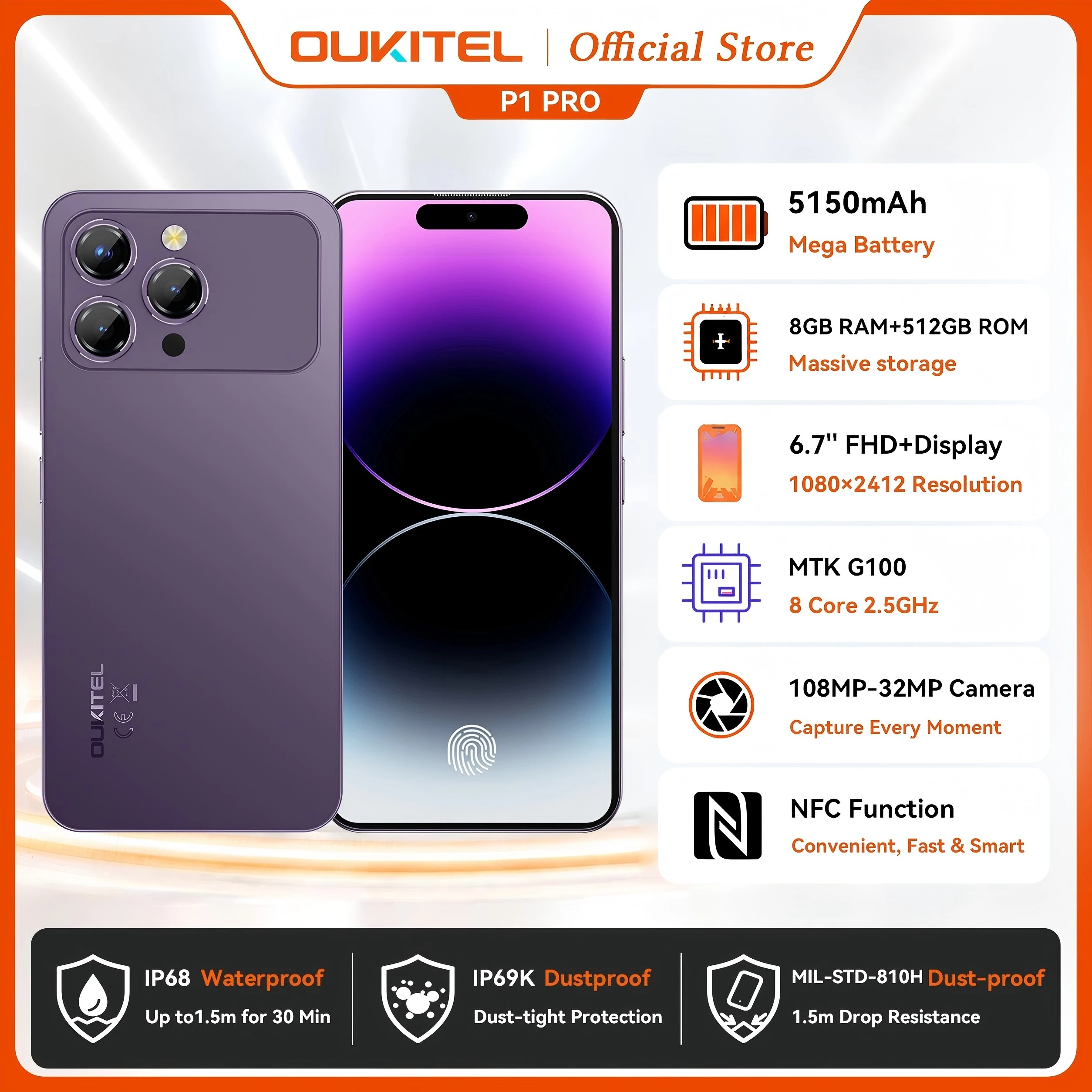 OUKITEL P1 PRO 6.7インチ FHD+ AMOLED 120Hz、5150mAhバッテリー、8.2