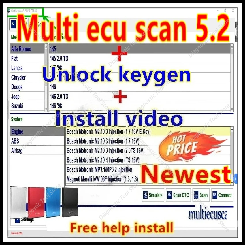 Newest Multiecuscan V5.2 for FiatChryslerDodgeJeepSuzuki Scanner Software can Work for ELM327 Flat Adapter+ Unlimited install