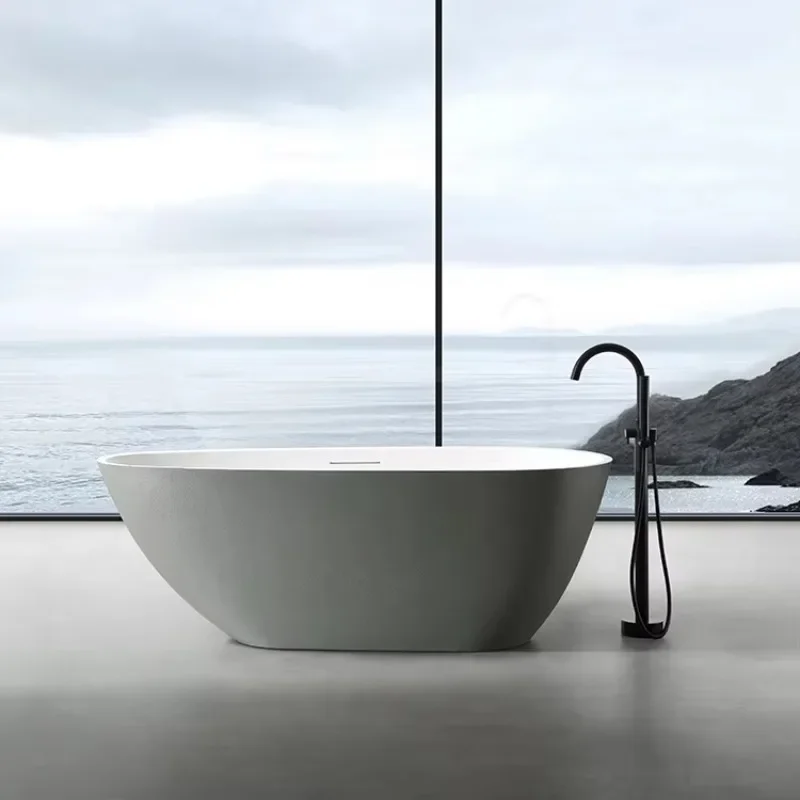 

Modern Freestanding Indoor Grey Bath Tub Oval Shape SPA Soaking Bathtub Artificial Stone for Hotels